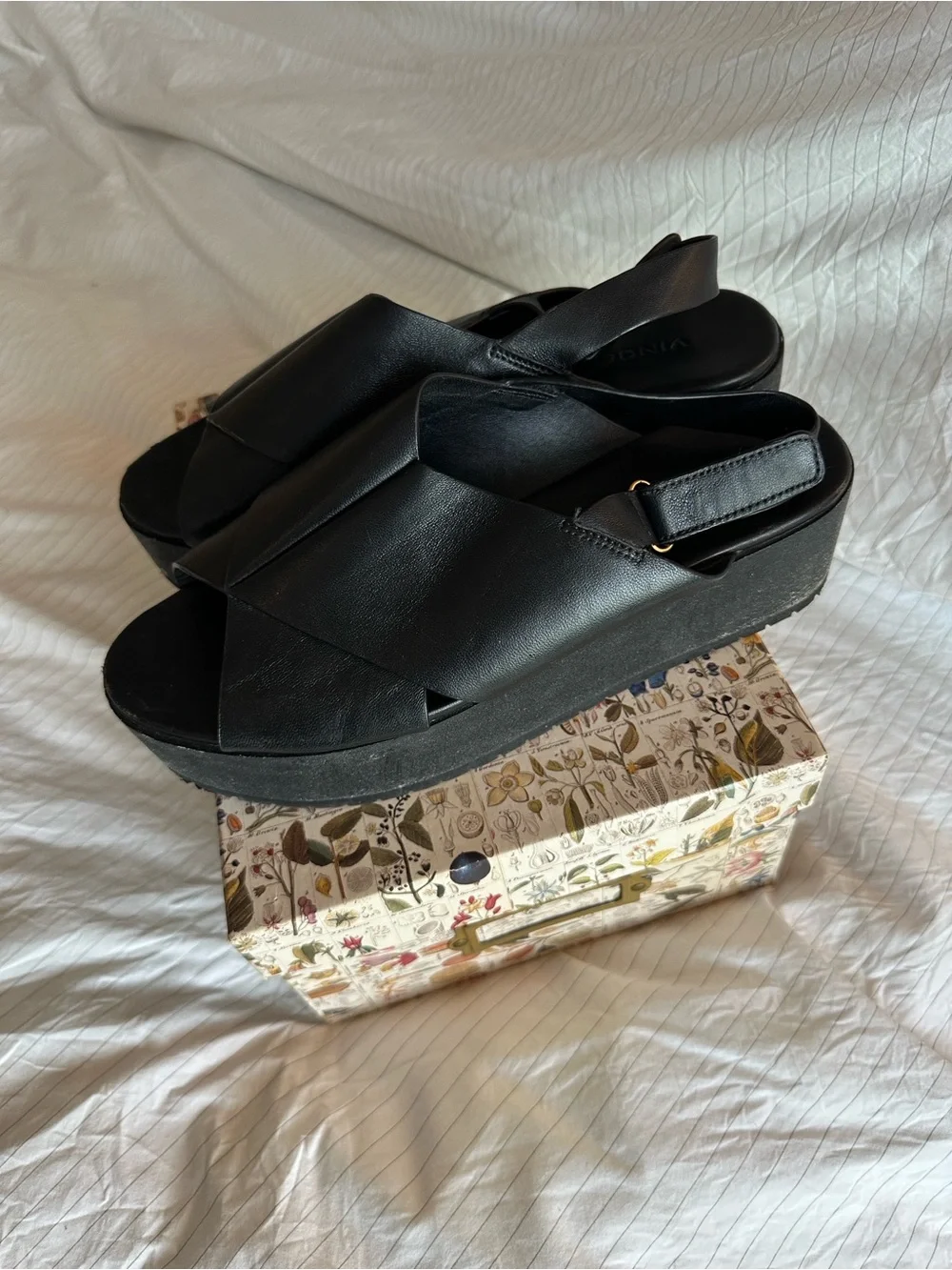 Vince - Black Leather Cross‑Strap Platform Slingback Sandals - 9